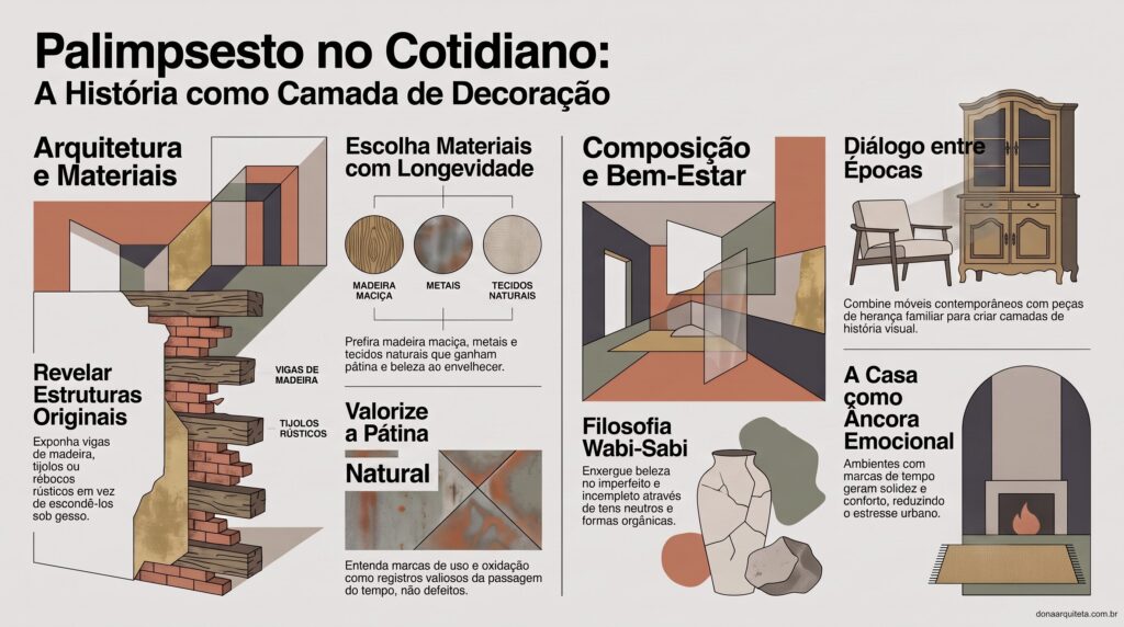 Pátina e palimpsesto na arquitetura: decoração com vigas de madeira expostas, tijolos rústicos e móveis vintage em tons terrosos e neutros, valorizando história e texturas naturais