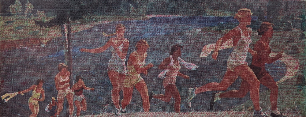 Obra Mantras (1974) de Vyacheslav Akhunov na mostra Instruments of the Mind, com escrita sobre imagem soviética.