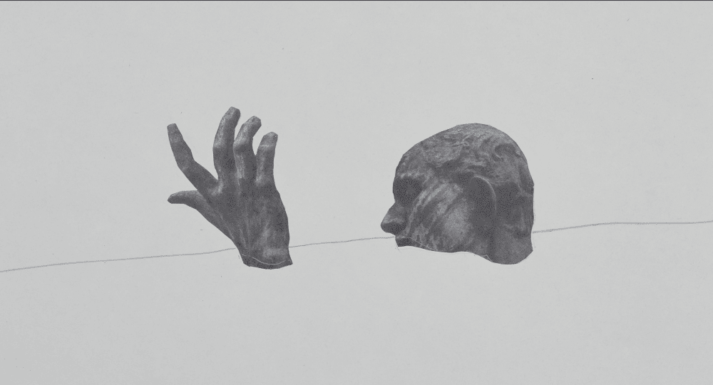 Desenho conceitual de Vyacheslav Akhunov com mão e cabeça escultural na exposição Instruments of the Mind.