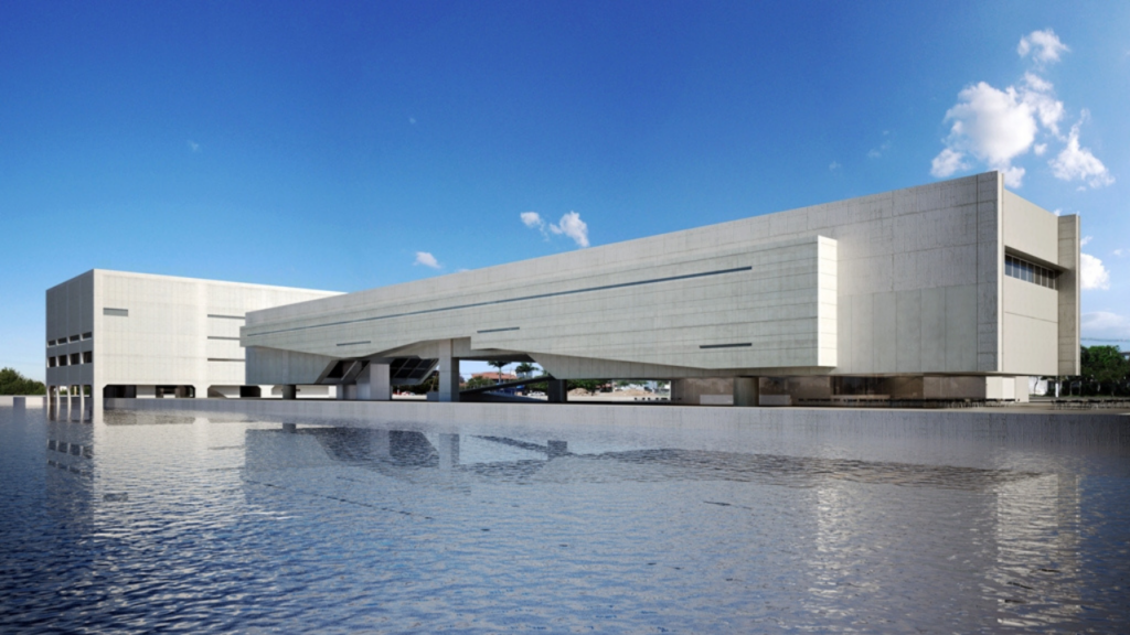 Vista externa do complexo cultural Cais das Artes em Vitória, projeto de Paulo Mendes da Rocha e METRO Arquitetos.