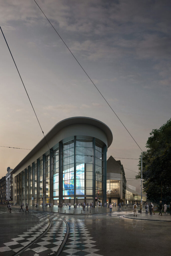 Fachada envidraçada curva do museu Kanal-Centre Pompidou em Bruxelas para a inauguração de museus em 2026.