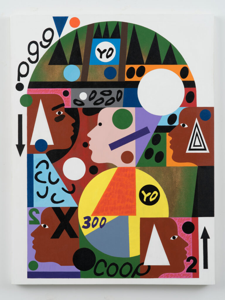 Pintura acrílica Untitled de Nina Chanel Abney em arco geométrico com perfis e tipografia na mostra Dreams of This Future no Studio Museum.