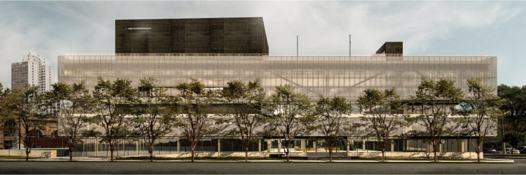 Renderização da fachada do futuro Sesc Parque Dom Pedro II em São Paulo, projeto do escritório UNA BV Arquitetos.