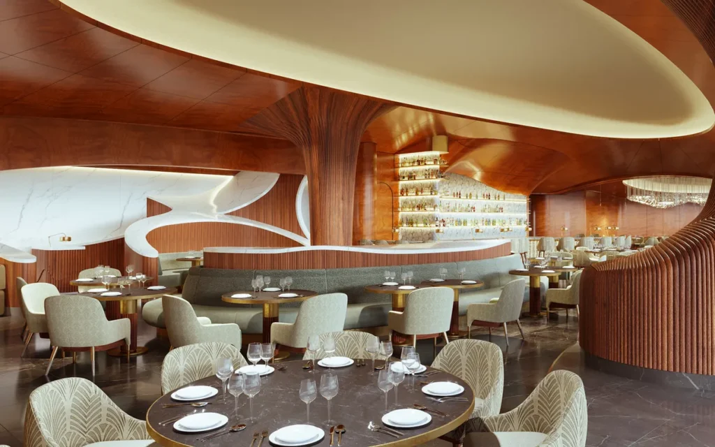 Salão do restaurante Skywalker Grill no Lucas Museum of Narrative Art, com interiores em madeira curva pelo Rockwell Group.