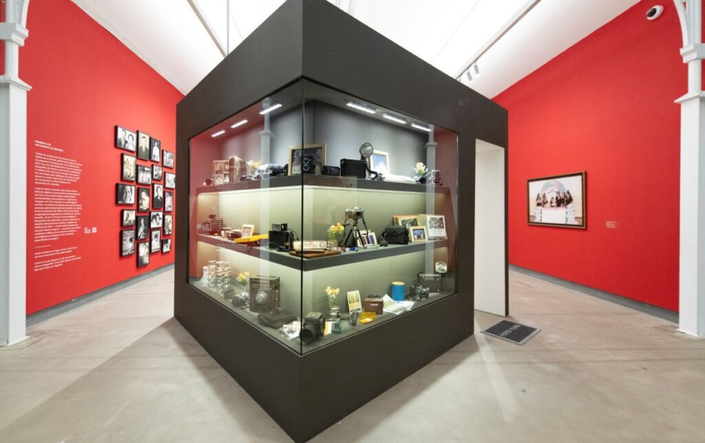 Exposição na Pinacoteca em passeios de arquitetura em são paulo com vitrine centralizada e paredes vermelhas vibrantes.
