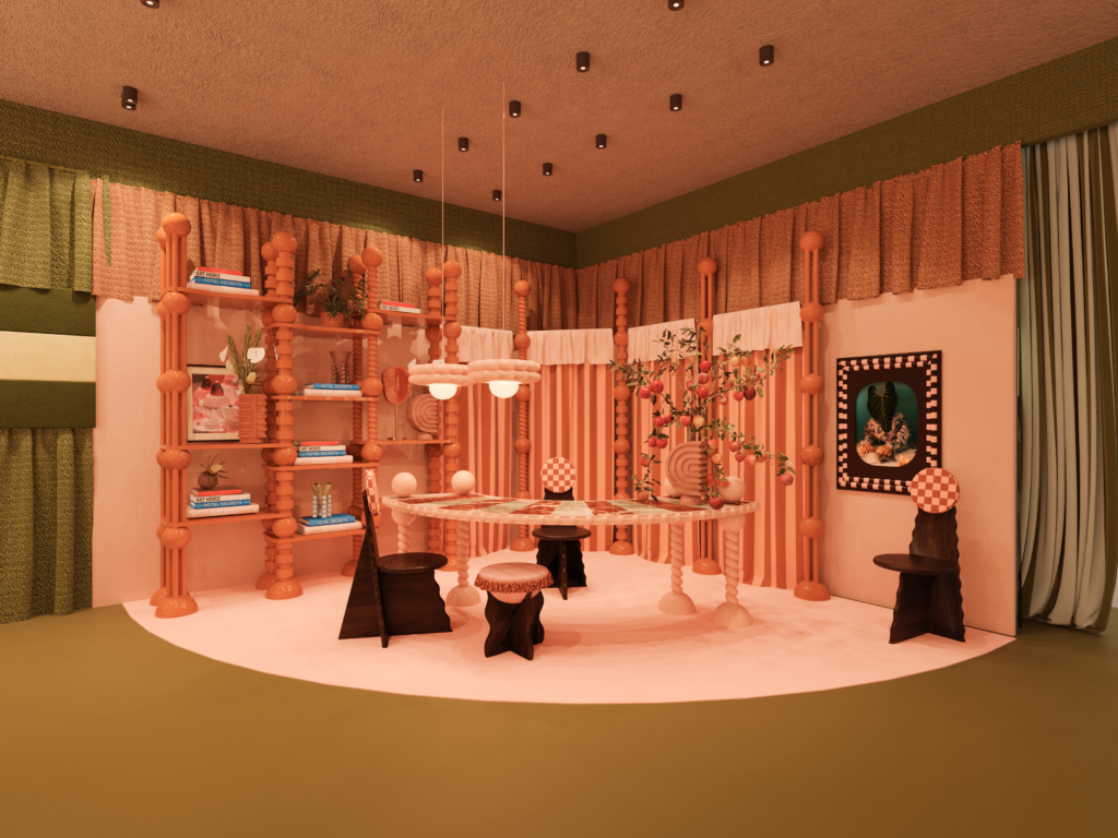 Ambiente cenográfico em tons terracota com móveis escultóricos da Masquespacio na Maison e Objet Pulse.