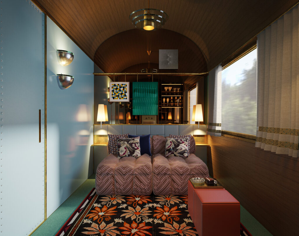Cabine deluxe do Orient Express, trem de luxo de Roma à Istambul, com sofá-cama em capitonê e teto em madeira.
