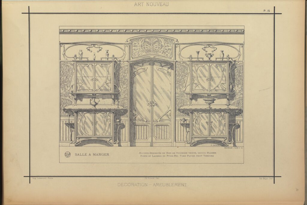 Prancha técnica de sala de jantar Art Nouveau por Édouard Bajot com dressoirs de madeira, tampos de mármore e porta envidraçada.
