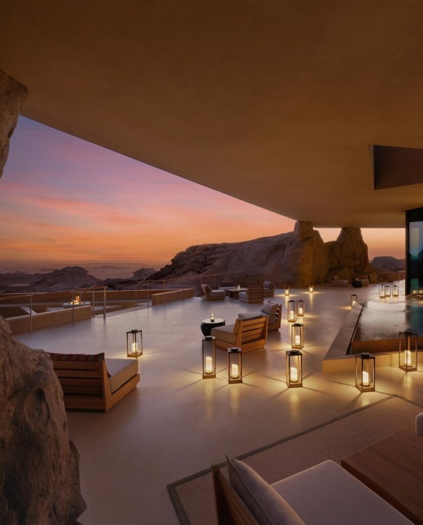 Terraço panorâmico ao entardecer iluminado por lanternas de piso no Desert Rock Hotel.