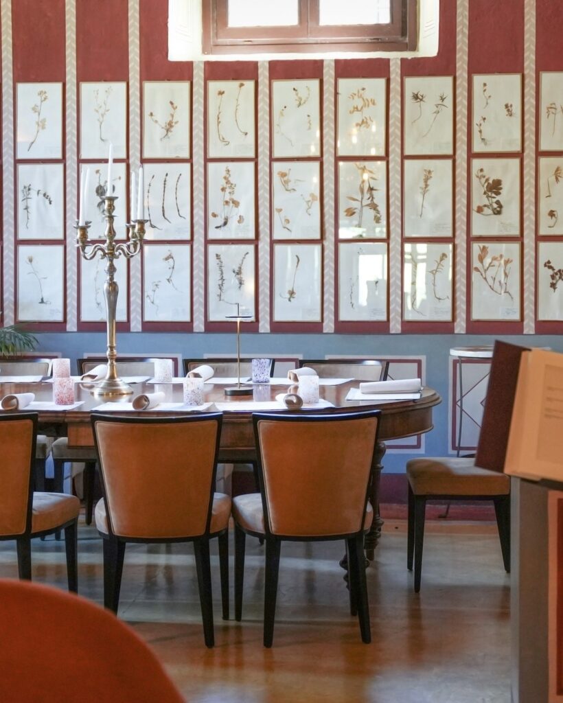 Salão da Osteria di Passignano com galeria de quadros botânicos, paredes terracota, mesa clássica de madeira e cadeiras em veludo mostarda.