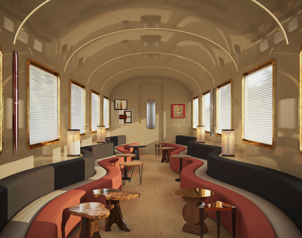 Vagão lounge do Orient Express, trem de luxo de Roma à Istambul, com sofás curvilíneos e teto dourado com arcos de luz.