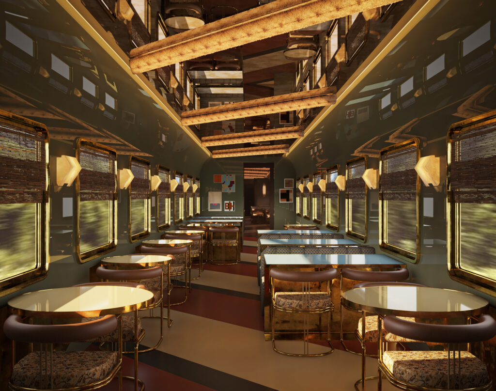 Vagão restaurante do Orient Express, trem de luxo de Roma à Istambul, com mesas em latão polido e teto espelhado.