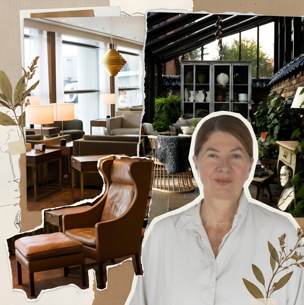 Composição visual de destaque com retrato de Ilse Crawford e projetos emblemáticos de hotelaria e interiores.