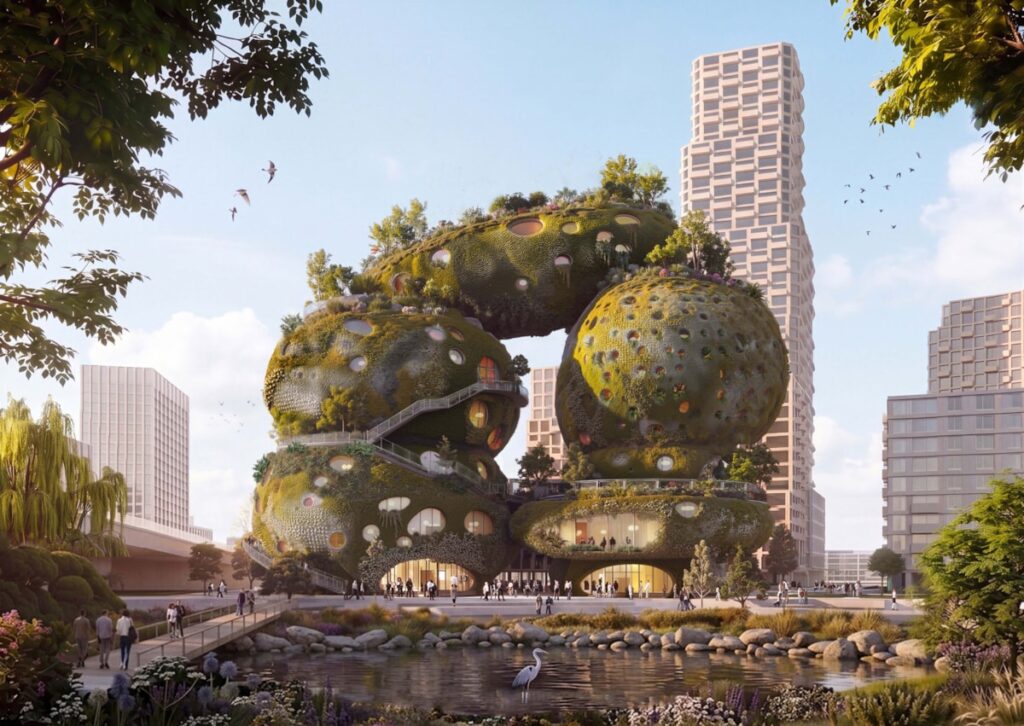 Arquitetura biofílica do Rotterdam Rocks com volumes orgânicos vegetados, aberturas circulares e lago no térreo com passarela.