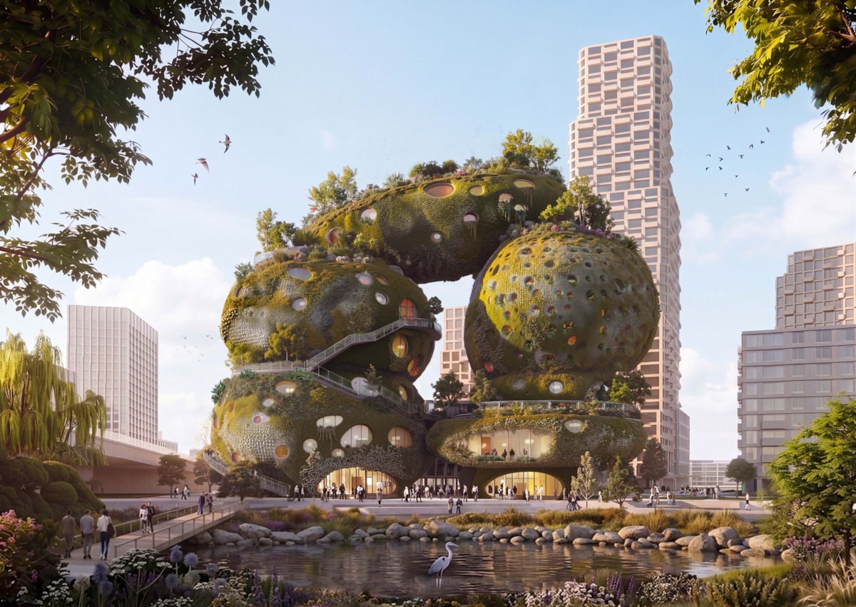 Arquitetura biofílica do Rotterdam Rocks com volumes orgânicos vegetados, aberturas circulares e lago no térreo com passarela.