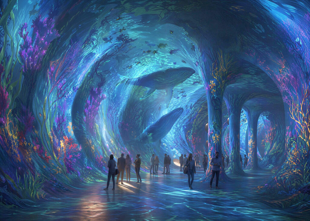 Galeria interna imersiva no Rotterdam Rocks com colunas abobadadas e projeções de vida marinha em iluminação azulada.