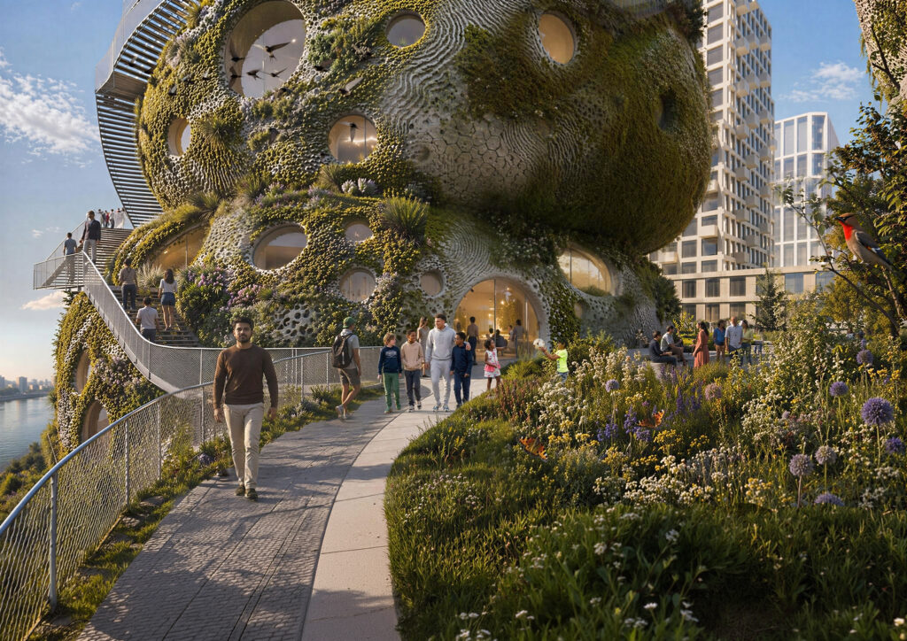 Passarela ajardinada no Rotterdam Rocks com fachada texturizada bio-receptiva, aberturas circulares e vegetação nativa.