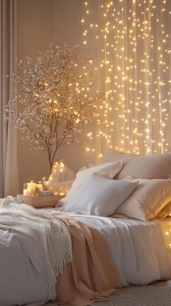 Estilo de natal em quarto clean e iluminado com decoração branca e luzes delicadas.