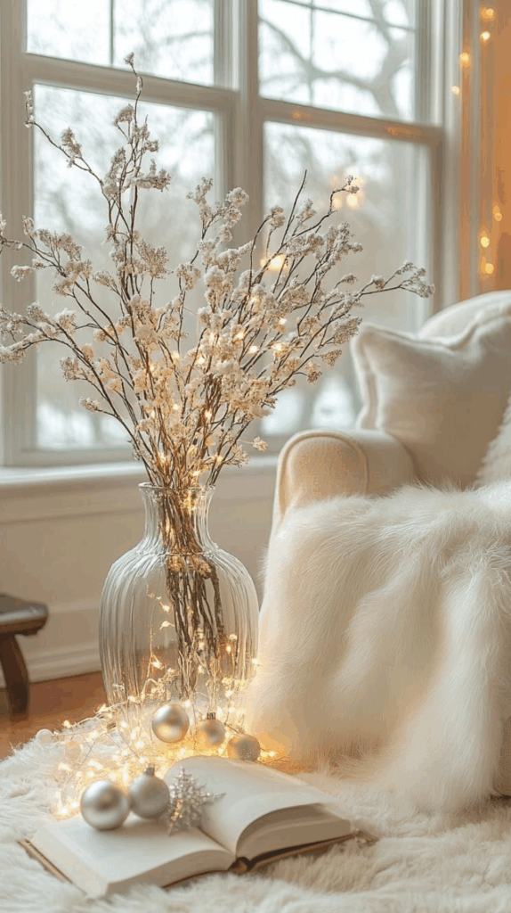 Estilo de natal com decoração clean e iluminada em sala de estar com luzes e flores brancas.