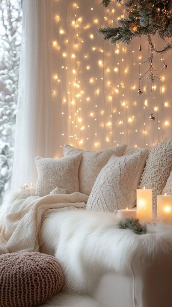 Estilo de natal brasileiro com decoração clean e iluminada, sala com luzes brancas e velas