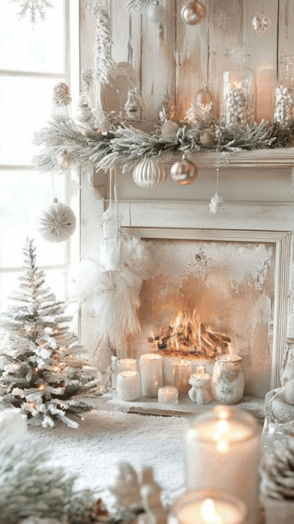 Decoração de Natal clean e iluminada com árvore branca e velas em sala de estar