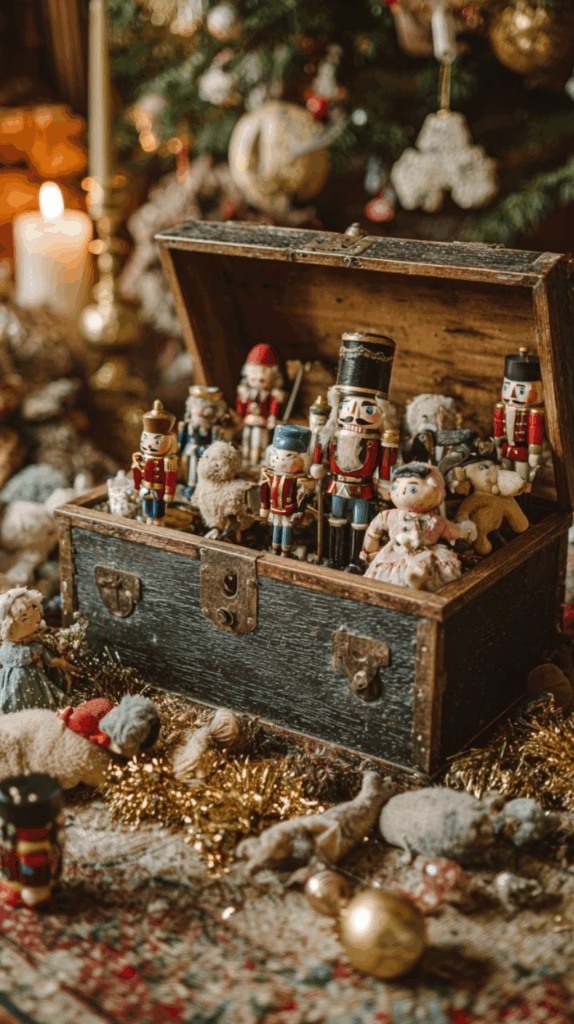Decoração de Natal tradicional com caixinha de brinquedos e árvore decorada