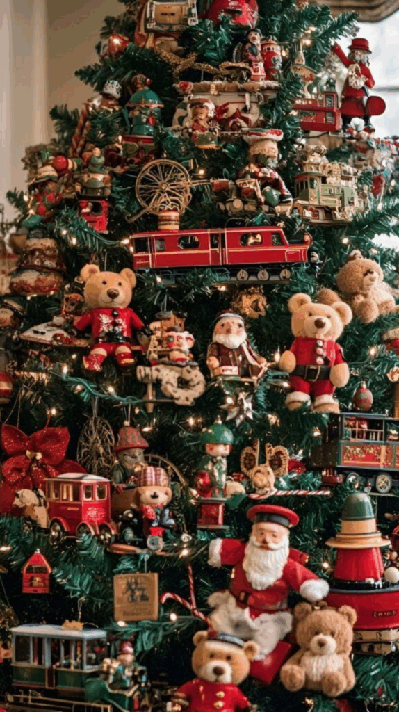 Estilo de natal tradicional com árvore de Natal decorada com enfeites coloridos e temáticos.