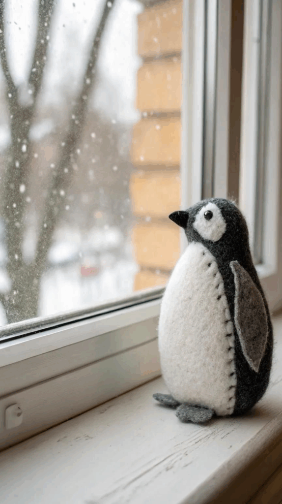 Estilo de natal com boneco de pinguim em janela branca