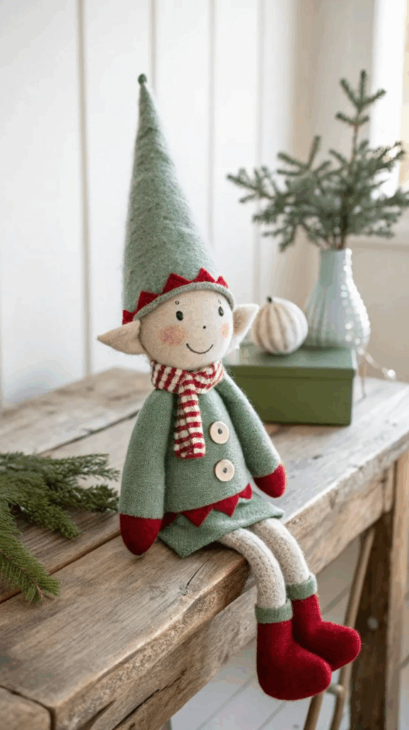 Estilo de natal com boneco de elfo decorativo em prateleira de madeira
