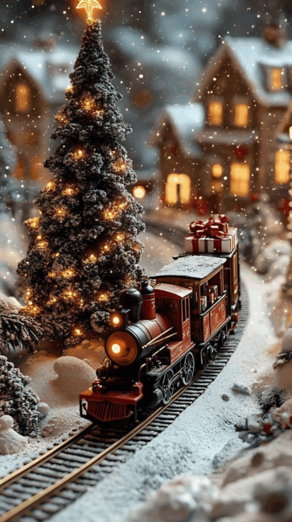 Decoração de Natal tradicional com trem e árvore iluminada em ambiente coberto de neve