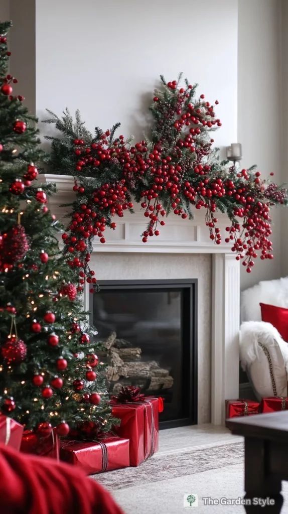 Estilo de natal tradicional com decoração de lareira e árvore de Natal decorada com bolas vermelhas e guirlanda.